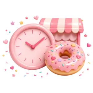 もっちゅりんの販売時間と予約のイメージ(時計とドーナツのイラスト)