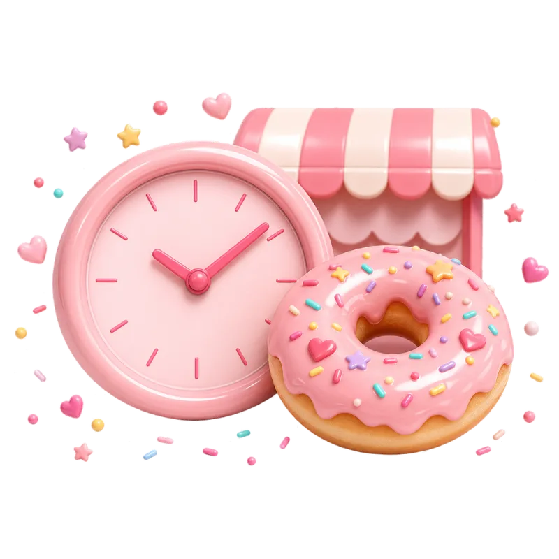 もっちゅりんの販売時間と予約のイメージ(時計とドーナツのイラスト)
