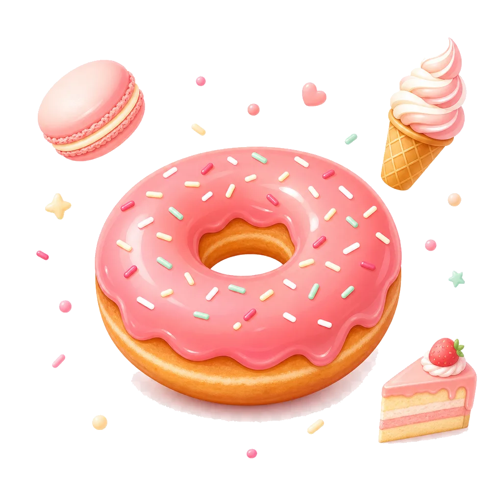 ストロベリー味のドーナツやマカロン、ソフトクリームなどのスイーツのイラスト